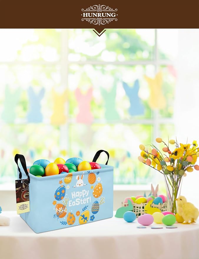 Rectangle Canvas Foldable Storage Basket for Nursery, Rabbit Easter Egg | Portable and collapsible cloth receptacle. Stores pet essentials, daily use items. Folds flat when not in use
