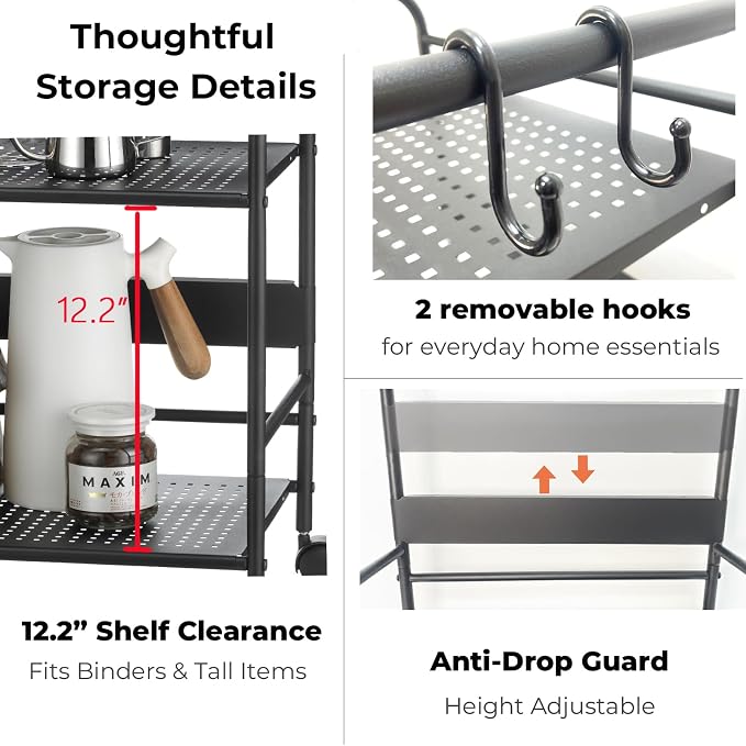 2-Tier Metal Rolling Cart, Compact Under Desk Storage Organizer | 12.2" clearance fits binders and tall bottles, compact mobile shelf with anti-drop guard for home or office. Black.