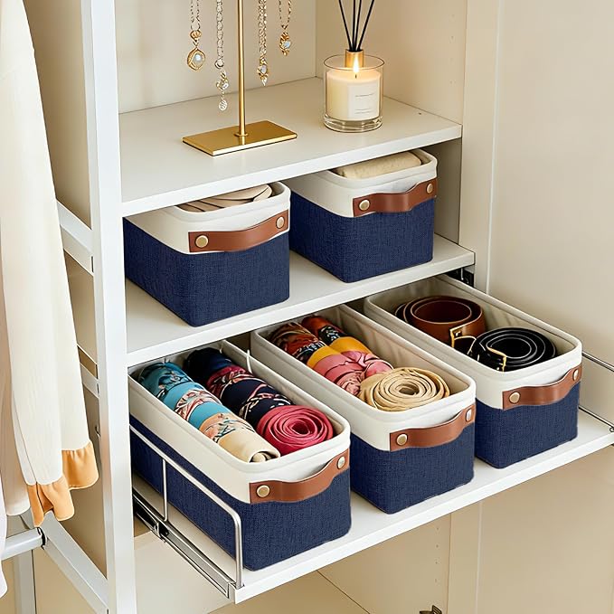 Bagnizer Small Fabric Storage Baskets, 15x6x5 inch Narrow Storage Bins 4-Pack Long Storage Basket for Organizing with Handles, Decorative Basket for Closets, Shelves, Toilet Paper, Navyblue