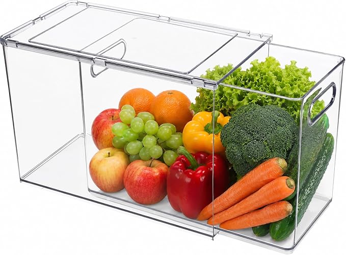 9.5QT Refrigerator Organizer Fridge Storage Bin with Pull-out Drawer, Large | Plastic Fridge Organizers with Handle, Stackable Fruit Vegetable Storage Containers for Kitchen Bathroom Pantry, Under Sink
