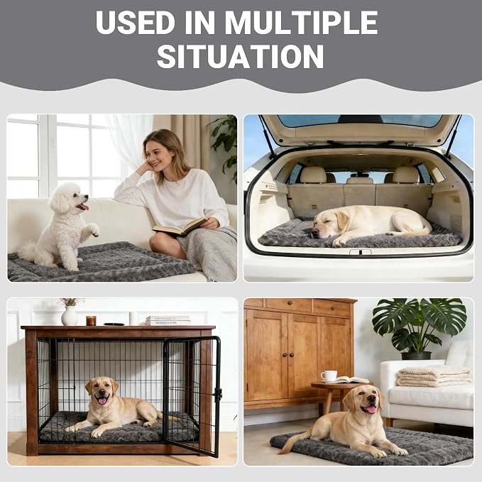 Exsnugy Washable Dog Bed Mat Large Size Fluffy Pet Crate Pad 42x28 XL | Non-Slip Bottom Kennel Beds Ultra Soft Comfy Sleeping Mattress for Large Medium Small Dogs Gray