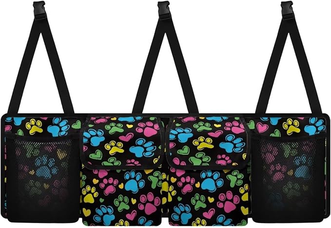Dreaweet Colorful Dog Paw Print Car Trunk Organizer Backseat Hanging Large Storage with Adjustable Straps Car Cargo Trunk Storage Organizer Bag for Truck,SUV,Van