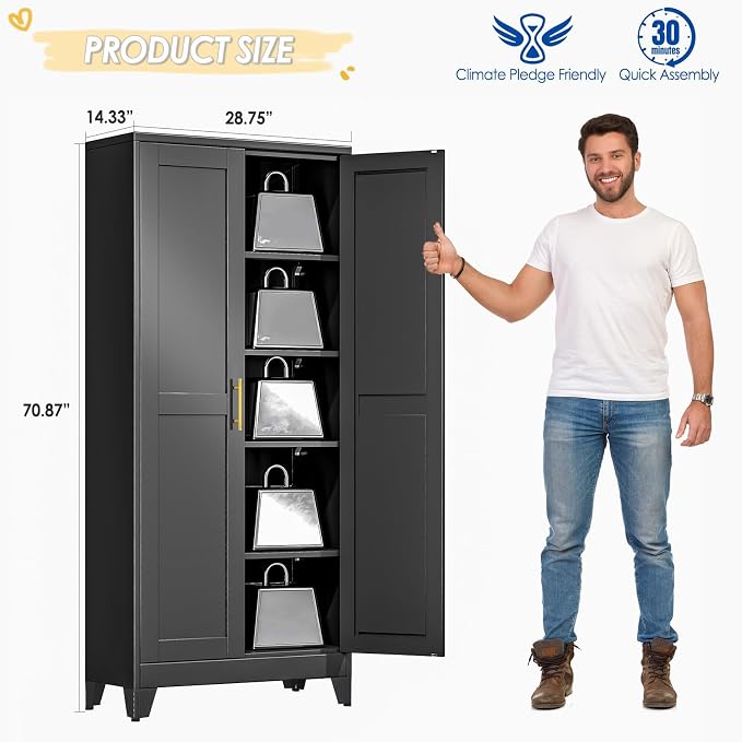 GAIOUS 71" Tall Metal Storage Cabinet with 2 Doors and 4 Adjustable Shelves | Kitchen Pantry Cabinet Black Freestanding Cupboard, 5 Tier Multifunctional Steel Storage for Office, Kitchen, Dining Room