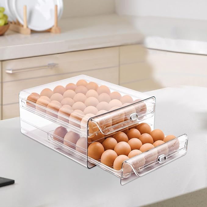 Egg Holder for Refrigerator,60 Eggs Clear Drawer Organizer | 2 Layer Stackable Egg Holder Egg Trays,Egg Storage Container with Time Scale for Fridge Countertop Cabinet