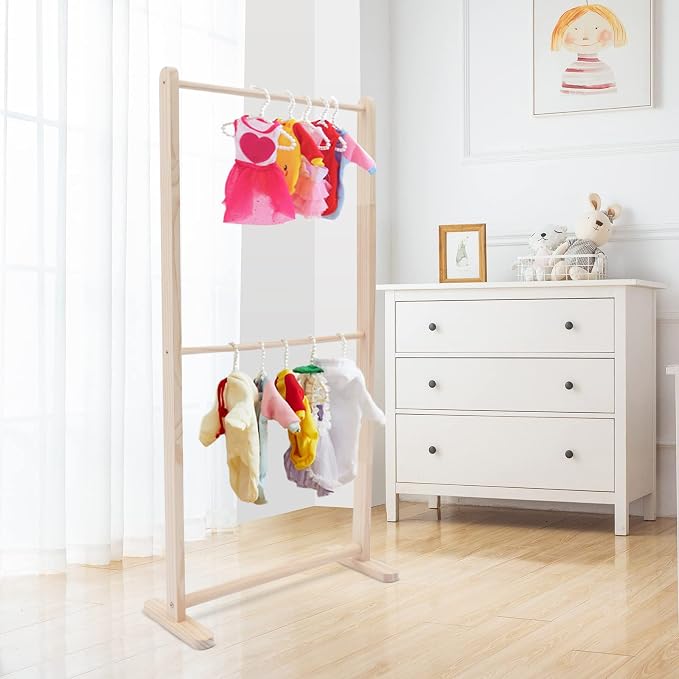 2 Tier Children Pets' Clothes Rack, Kids Clothing Rack, Small Clothes Rack Kids Dress Up Storage, Wooden Garment Display Hanging Rack, Pet Cloth Organizer