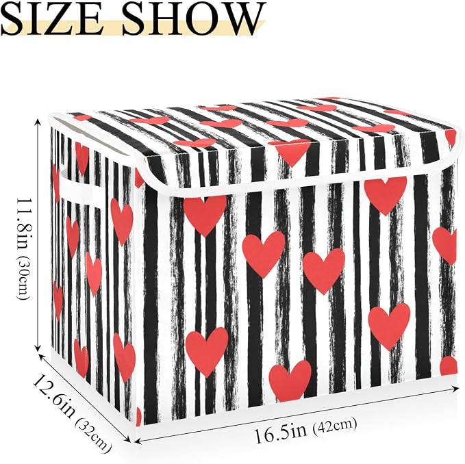 Love Stripes Storage Bin Foldable Collapsible Fabric with Lid Handles 40L | Decorative Storage Boxes, 300D Oxford Cloth, Hollow Board Frame, Flip Top Velcro Lid, 16.5x12.6x11.8 inch, Collapsible Design
