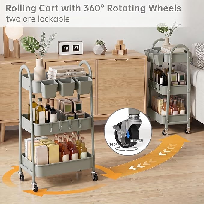 danpinera 3-Tier Rolling Cart, Metal Rolling Storage Cart with Lockable Wheels & Hanging Cups & Hooks, Mobile Trolley Cart for Kitchen, Bathroom, Office, Workshop, Gray