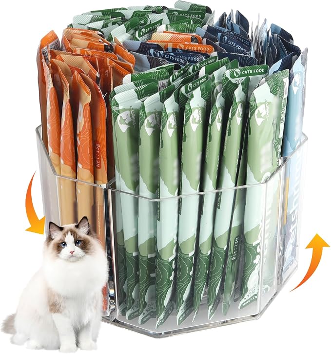 Lickable Cat Treats Organizer, Lazy susan Acrylic Squeeze Up Cat Food Storage Container, Wet Cat Treats Storage for Kitchen Cabinet Pantry Shelf Countertop(Rhombus)