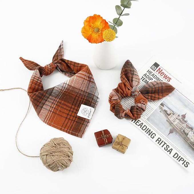 E-Clover Fall Dog Bandanas Matching Dog Bandana and Scrunchie Medium Large | Orange Plaid Dog Bandana Matching Dog and Owner Clothes dog Mom Gifts Girl Dog Bandanas