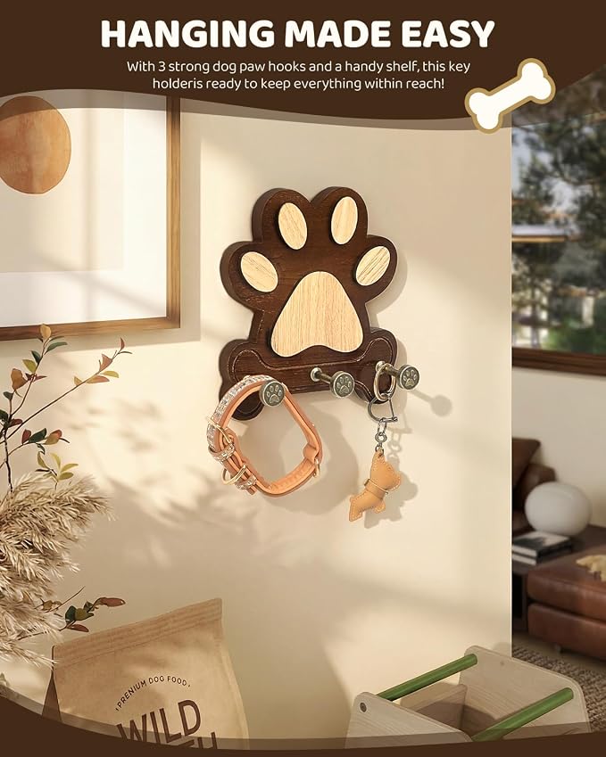 MTERSN Acacia Wood Dog Leash Holder for Wall with 3 Key Hooks, Dark Brown | Acacia Wood, Unique Dog Paw Shape, 3D Wall Hooks for Sunglasses, Cute Dog-Themed Key Rack, Wall Organizer for Home Decor