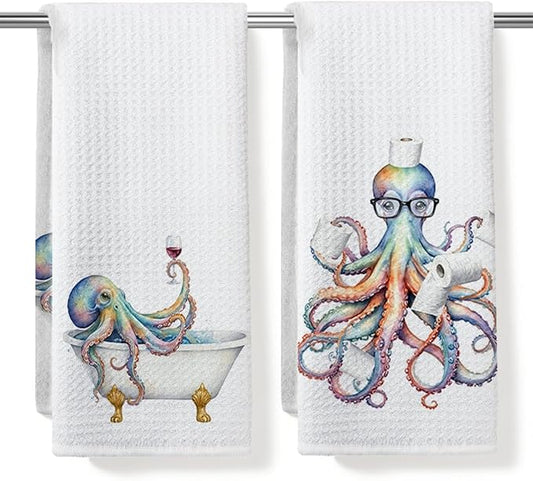 2PCS Funny Octopus Bathroom Towels 24x14 Inch, Octopus Toilet Paper Reusable Durable Microfiber Dish Cloth Hand Towel, Waffle Weave Tea Towels for Bathroom Home Decor, Ocean Gifts for Women Friend