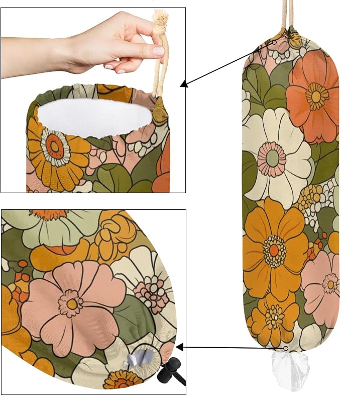 Colorful Sunflower Plastic Bag Holder Daisy Roses Floral Grocery Bag Storage Dispenser Washable Hanging Shopping Bags Carrier Reusable Wall Mount Trash Bag Organizer for Kitchen Pantry
