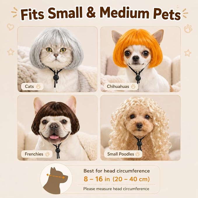 Funny Dog Wigs and Cat Wig Set, 6 Pack Pet Costume Hairpieces | Adjustable Pet Costume Hairpieces with Elastic Strap, Soft Breathable Cosplay for Small Medium Dogs Cats Halloween Party