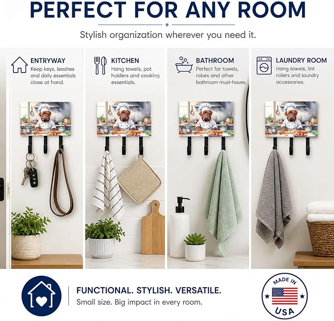 Caroline's Treasures Dogue de Bordeaux The Chef Leash or Key Holder Wall Hooks, Key Hooks Holder, Coat Rack Wall Mount, Coat Hooks, Hooks for Hanging Keys, Towels, Aprons, Leashes | Dogue de Bordeaux The Chef artwork on ceramic tile with three steel ho...