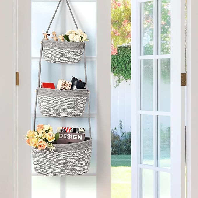 Hanging Basket, 3-Tier Woven Wall Basket with 4 Hooks, Cotton Rope Storage Baskets, Over the Door Organizer for Nursery, Bedroom, Cottage and Boho Wall Decor