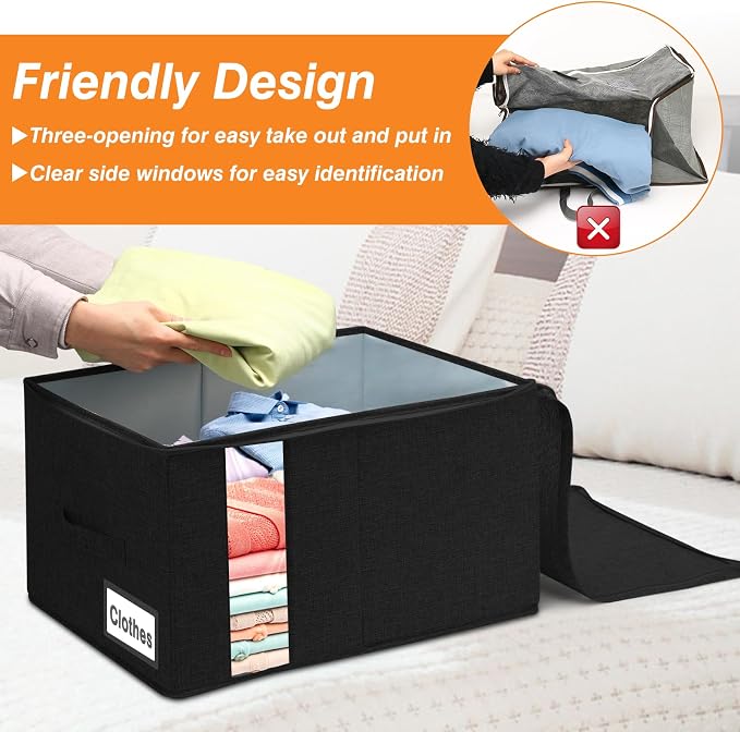 60L Rigid-Sided Blanket Storage Bags, 2 Pack, Black | Rigid Sides and Bottom, Stackable Design, for Comforters, Quilts, Bedding, Pillows and Clothes, Closet and Dorm Organization