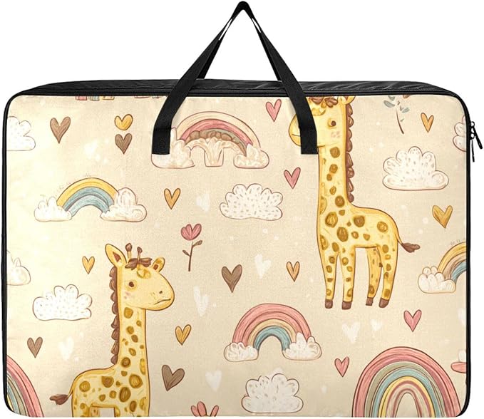 Comforter Storage Bags Large Folding Blanket Organizer Bag with Strong Handles Clear Window Closet Storage Containers for Clothes King Queen Pillows Bedding Quilt Duvet Cute Giraffes Rainbows C