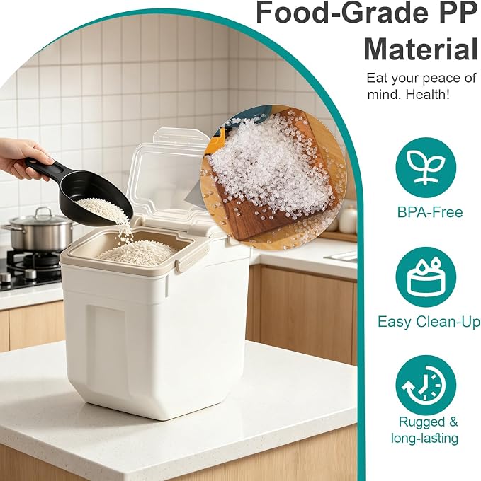 Saim 6Pack 50lb Flour & Rice Storage Container Bin, Grey | BPA free plastic with seal lid, rolling wheels and measuring scoop for rice, flour, cereal and grain one-hand scooping