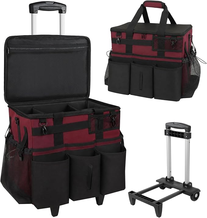 SCAVATA Rolling Cleaning Caddy Bag with Detachable Trolley, Large Cleaning Supplies Organizer with Wheels, Multi-Pocket Cleaning Cart with Adjustable Shoulder Strap for Housekeepers (Magenta)