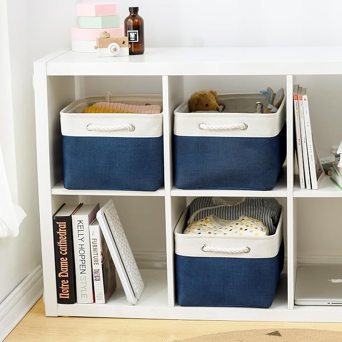 Collapsible Storage Bin for Shelves - Large 3 Pack 16x12x8 inch Storage Basket for Organizing with Handles, Canves Storage Box for Organizer Toy Closet Cloth Gift (White & Jean Blue)