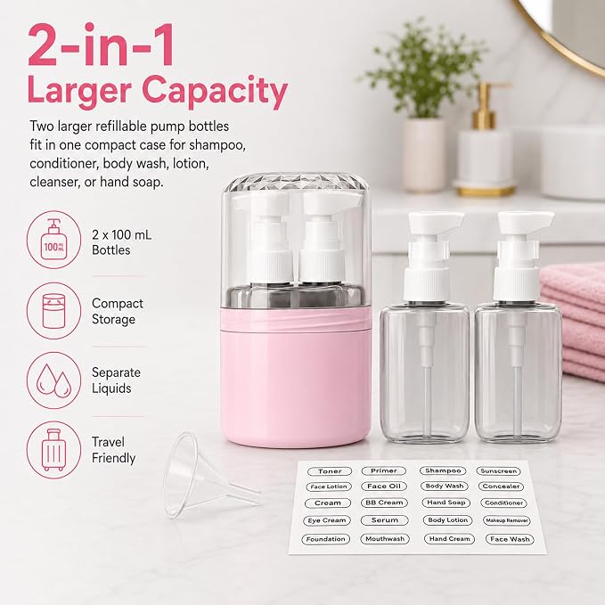 2-in-1 Travel Dispenser with 2 x 100 mL Bottles, Pink | 2 refillable 100 mL bottles, pump , included label stickers, compact design for toiletries, travel, gym