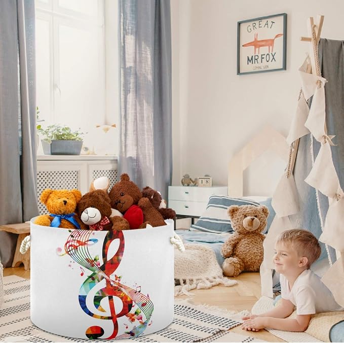 visesunny Storage Basket Colorful Music Notes Nursery Hamper Canvas Fabric Toy Storage Organizer Bin Storage Box Laundry Basket for Kid Rooms,Playroom,Shelves,Toy Basket