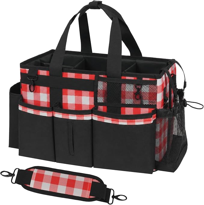 SCAVATA Wearable Cleaning Caddy, Cleaning Caddy Supplies Organizer with Handle & Shoulder Straps for Housekeepers, Under Sink & Car Cleaning Tool Organizers Bag with 4 Foldable Divider (RedPlaid)