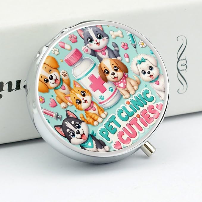 Cute Pet Clinic Playtime Party Round Pill Box with 3 Compartments, Portable Travel Pill Organizer with Spring Snap Closure for Vitamins Supplements Fish Oil