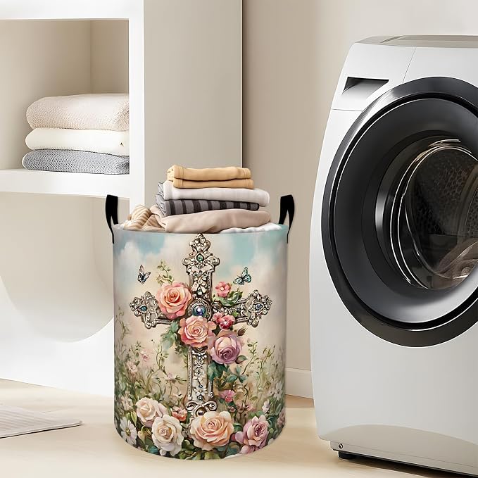 Retro Cross Floral Laundry Basket, Garden Flower Ornate Art Storage Hamper, Round Collapsible Waterproof Cloth Bin, 19.7x15.7 Inch Vintage Clothes Organizer Gifts for Bathroom Decor