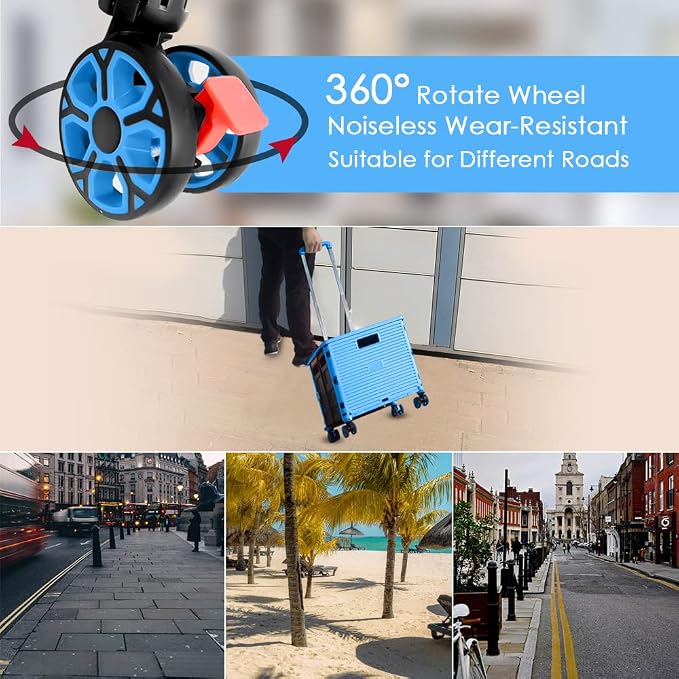 Foldable Utility Cart Portable Collapsible Crate Rolling Carts with Wheels Rolling Tote Basket Teacher Cart with Lid Wear-Resistant 360°Rotate Wheel Noiseless for Shopping Storage Office Use
