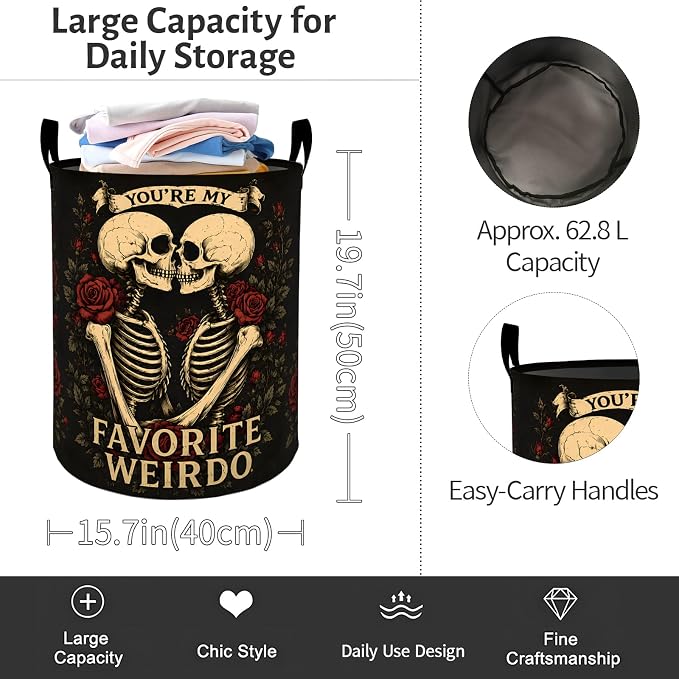 Skeleton Rose Floral Laundry Basket, Gothic Skull Foldable Oxford Cloth, Waterproof Dirty Clothes Hamper with Handles, Clothing Storage Bin Toy Organizer for Bedroom Dorm Bathroom, 19.7"x15.7"