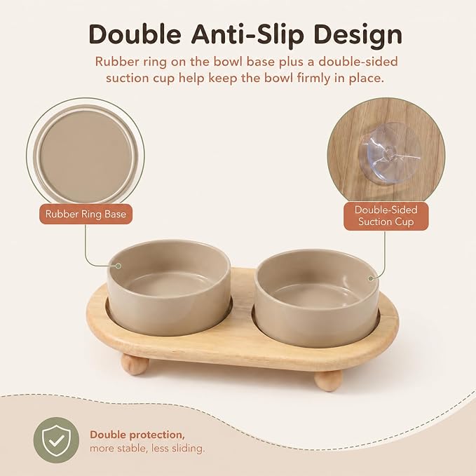Havniva Raised Cat Bowl 5.1” Elevated Ceramic Cat Food and Water Bowl Set | Cat Bowls Elevated, Whisker Friendly Cat Bowl, Non-Slip Wood Stand, Food-Grade Ceramic, Wide Opening, Dishwasher Safe
