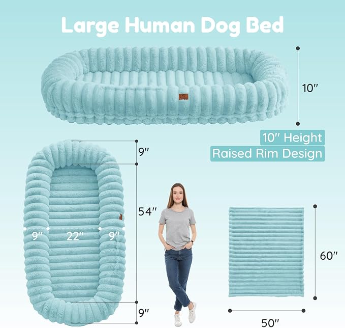 ChiXnuggle Orthopedic Human Dog Bed,Striped Faux Fur Washable Cover,Blanket | blue,72*40*10,giant dog bed for adult or extra large dogs,egg crate foam,non-slip bottom
