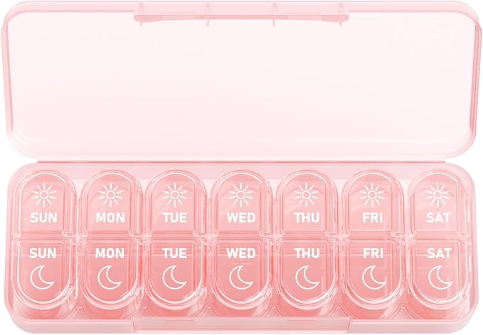 Daviky Pill Organizer 2 Times a Day, AM PM Pill Organizer Box Weekly 7 Day | Portable Travel Pill Organizer, Cute & Compact, Easy-Open Large Compartments, Reusable for Pills, Vitamins & Supplements