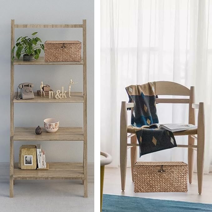Hipiwe Wicker Shelf Baskets Storage Bin with Lid Handwoven Seagrass Basket | Rectangular Household Basket Boxes for Shelf Wardrobe Home Organizer, Coffee Medium