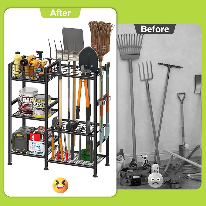 Garden Tool Organizer with Basket, 3-Tier Yard Storage Rack for Garage | 35 Long-Tool Slots: Steel rack adds 11 hooks, 10 small-tool slots, 2 metal clips and 4 leveling feet for sheds or yards.