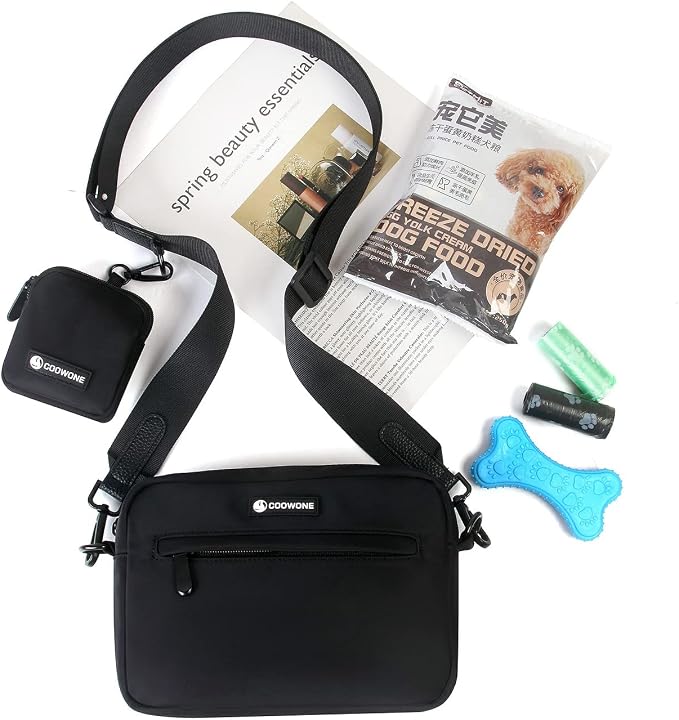 Dog Treat Pouch with Removable Small Pet Training Treat Pouches, Built-in Poop Bag Dispenser, Adjustable Shoulder Strap Cross Body Dog Walking Bag (Black)