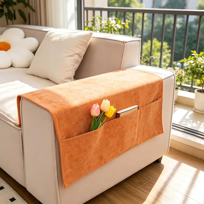 Sofa Armrest Cover with Pockets Set of 2 Solid Color Furniture Protector Slip Chenille Non Slip Recliner Organizer Remote Holder Caddy Accessories for Living Room Bedroom Kitchen 24*43.3 Inch Orange