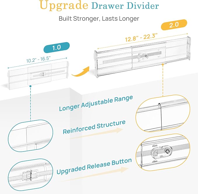 Vtopmart 4" Regular Upgrade Drawer Divider for Clothes, 12.8"-22.3" 12 Pack | Expandable Dresser Drawer Organizer, Clear Separator, Baby Clothing, Underwear, Cosmetics, Toiletries Storage, Space Saving