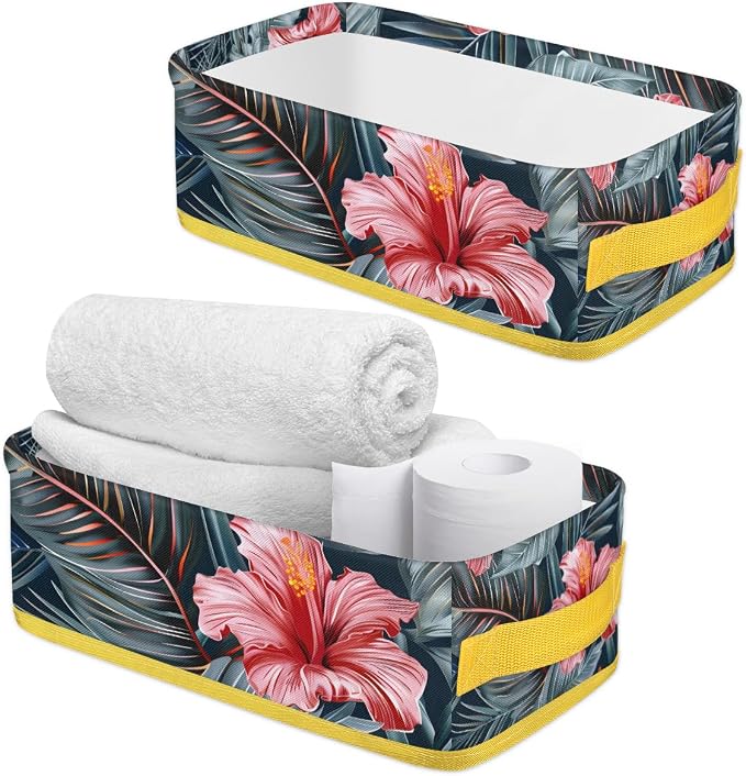 Beautiful Tropical Flowers Bathroom Storage Basket, Foldable with Handle Open Countertop Paper Towel Decorative Box, Toilet Tank Top Shelf Baskets for Home Closet Bedroom Living Room Office