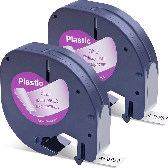 Compatible with Dymo Label Maker Refill 16952 Clear Plastic Label Tape for Dymo LetraTag Refills LetraTag Plus LT-100H LT-100T 200B,1/2'' x 13'(12mmx4m), Black on Clear, 2Pack