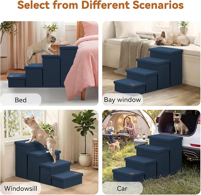 Zerbuger Dog Stairs with Storage, Navy Blue 4 Steps Dog Ramp no Condo | 23" H Wider Dog Steps for High Beds Couch, Folding Storage Pet Stairs Gift for Climbing Small/Medium/Large Old Dogs Cats