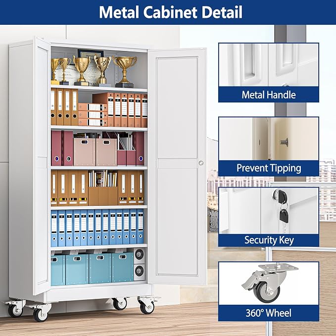 Ckzbx Metal Large Garage Storage Cabinet with Locking Doors and Adjustable Shelves,73.6" H Rolling Tool Storage with Wheels for Garage,Office (White)