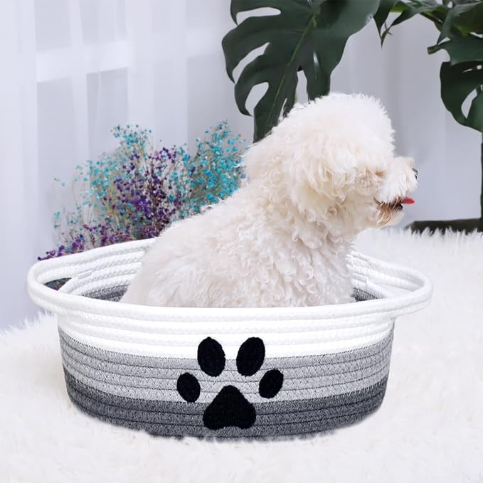 ABenkle Small Woven Basket with Handle, Cute Dog Paw Baskets for Gifts Empty, Decorative Rope Woven Storage Dog Toy Basket, Nursery Baskets for Baby Shower, 12" x 8" x 5"