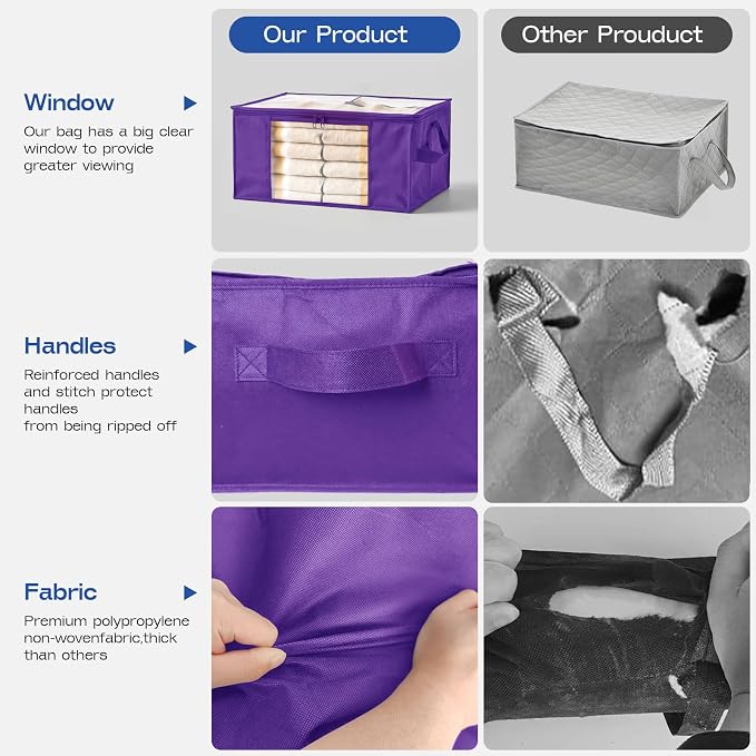 Clothes Storage Bags, Foldable Thick Fabric Blanket Storage Bags, Large Clear Window & Carry Handles, Great for Clothes, Blankets, Closets, Pillows (Purple, 4PACK)