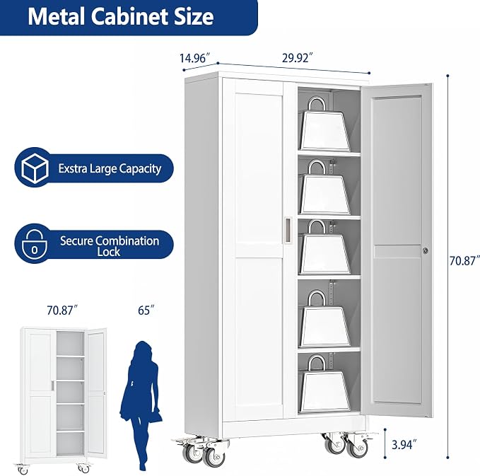 Ckzbx Metal Garage Storage Cabinet with Locking Doors and Adjustable Shelves,71" H Rolling Tool Storage with Wheels for Garage,Office (White)