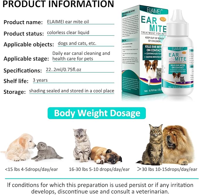 Ear Mite Treatment for Dogs and Cats,Dog Ear Infection Treatment,Aloe Ear Mite,Safe for Pets | 12+ Weeks | 0.75 fl oz 22.2ml