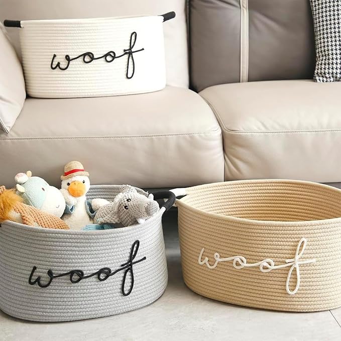 Hand Woven Cotton Rope Dog Toy Storage Basket Featuring Animal Patterns and Strong Handles for Pets