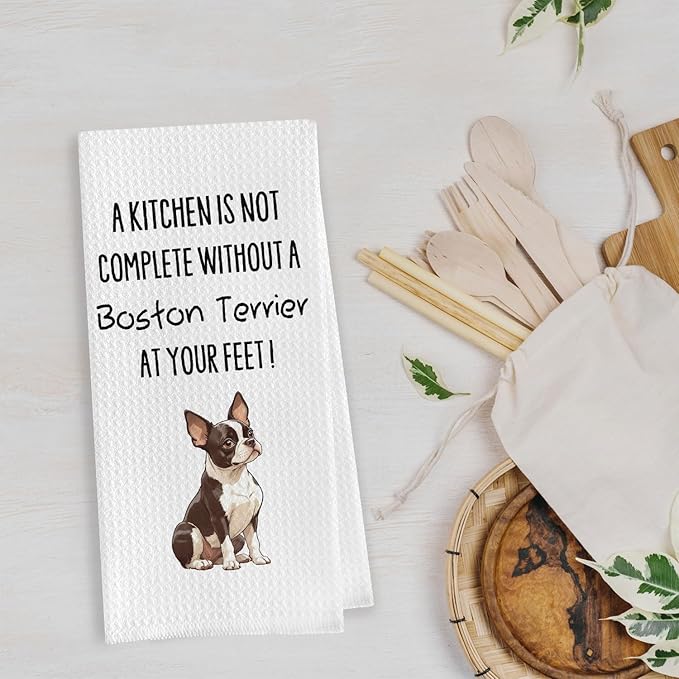 Boston Terrier Dish Towels - Funny Boston Terrier Gifts Decorative Waffle Weave Kitchen Towels, Dog Lover Hand Tea Towel (16×24 Inches)