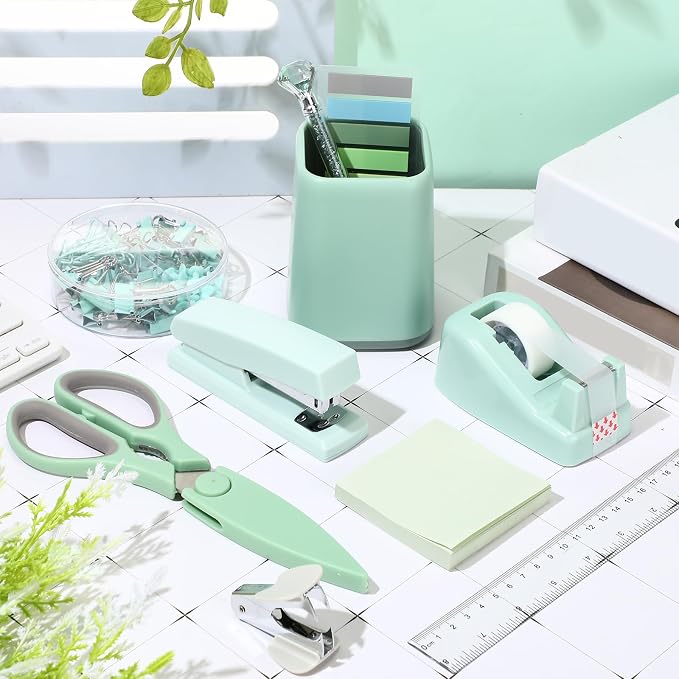 Marspark 12 Pcs Sage Green Desk Accessory Set Office Supplies Kit | Stapler Tape Dispenser Pen, Scissors Ruler Staple Remover Clips Sticky Notes, Sage Green Desk Supplies, Stationery Kit